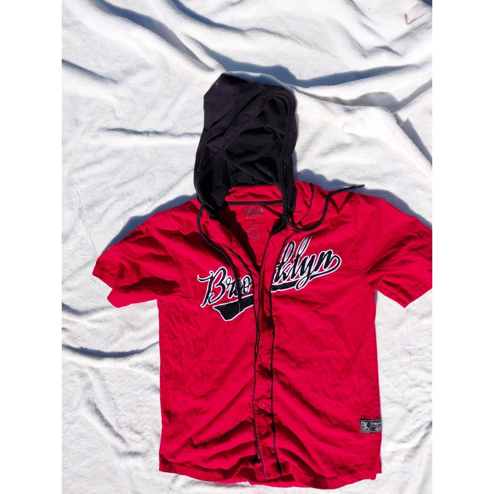 Brooklyn Laundry Mens M Athletic Jersey Red Black Hoodie Drawstring Puff Letter